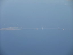 View on the Storebæltsbroen bridge over the Great Belt strait, from our airplane from Amsterdam to Copenhagen