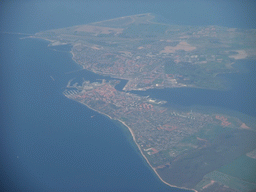 View on the town of Korsør at the east side of the Storebæltsbroen bridge over the Great Belt strait, from our airplane from Amsterdam to Copenhagen