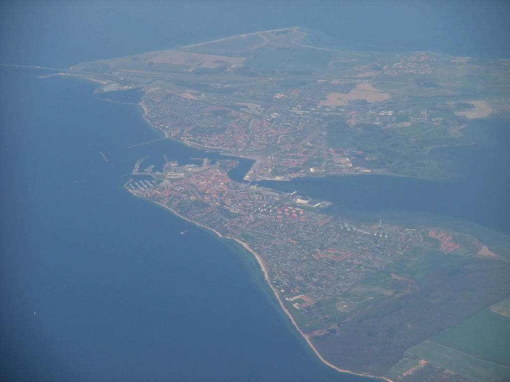 View on the town of Korsør at the east side of the Storebæltsbroen bridge over the Great Belt strait, from our airplane from Amsterdam to Copenhagen