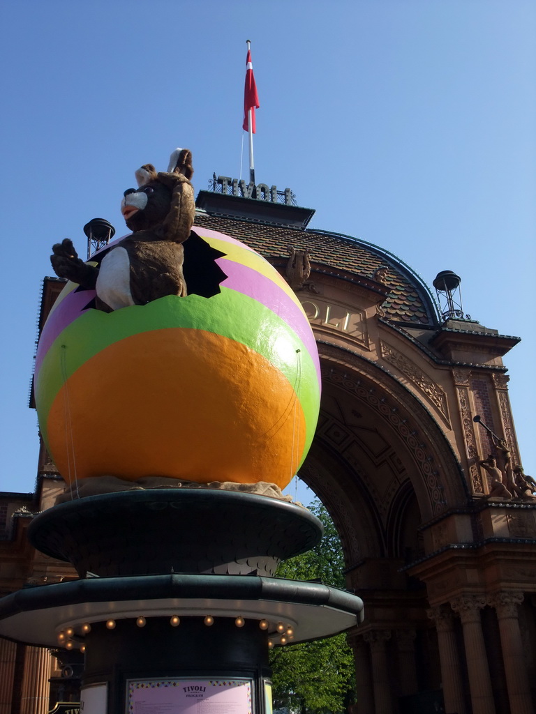 Easter egg and easter bunny at the main entrance to the Tivoli Gardens