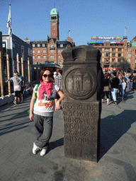 Miaomiao with the Vesterport Zero Kilometer Stone at City Hall Square (Rådhuspladsen)