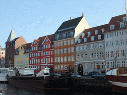 The Hans Christian Andersen House, and other houses and boats at the south side of the Nyhavn harbour