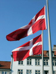 Danish flags and houses at the north side of the Nyhavn harbour, viewed from the DFDS Canal Tours boat
