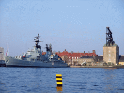 The HMS Peder Skram Ship and the Old Mast Crane at the Old Naval Yard at Nyholm island, viewed from the DFDS Canal Tours boat