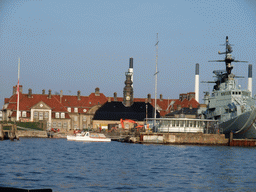 The Central Guard building and the HMS Peder Skram Ship at the Old Naval Yard at Nyholm island, viewed from the DFDS Canal Tours boat