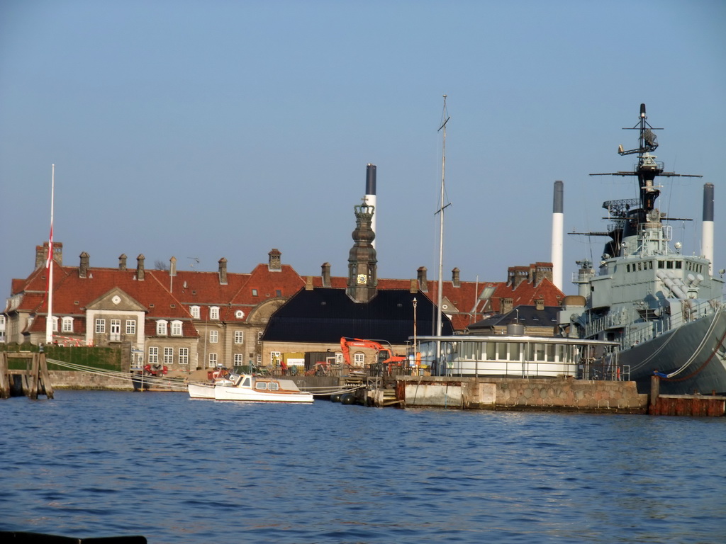 The Central Guard building and the HMS Peder Skram Ship at the Old Naval Yard at Nyholm island, viewed from the DFDS Canal Tours boat