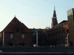 Christians Brygge quay with the Tøjhus Museum, the Royal Danish Library and the Christiansborg Palace Tower, viewed from the DFDS Canal Tours boat