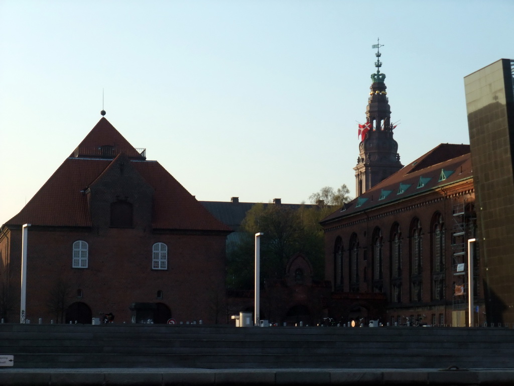 Christians Brygge quay with the Tøjhus Museum, the Royal Danish Library and the Christiansborg Palace Tower, viewed from the DFDS Canal Tours boat