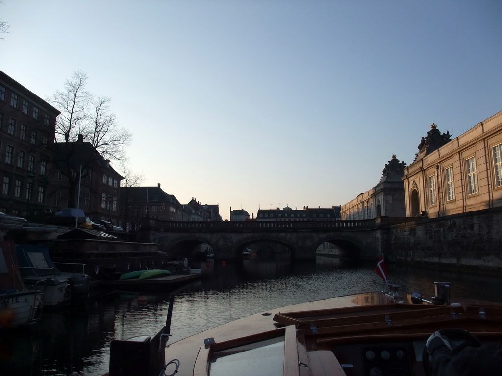The Marmorbroen bridge over the Frederiksholms Canal, and the pavilions at the southwest side of the Christiansborg Palace, viewed from the DFDS Canal Tours boat