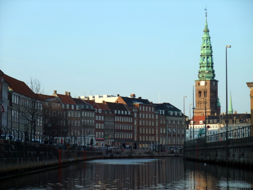 Slotsholmens Canal, Gammel Strand street and the tower of the Saint Nicholas Church, viewed from the DFDS Canal Tours boat