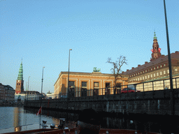 Slotsholmens Canal, the tower of the Saint Nicholas Church, Thorvaldsens Museum and the Christiansborg Palace, viewed from the DFDS Canal Tours boat