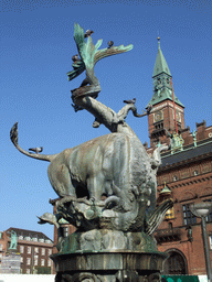 The Dragon Fountain (Dragespringvandet) and the Copenhagen City hall at City Hall Square