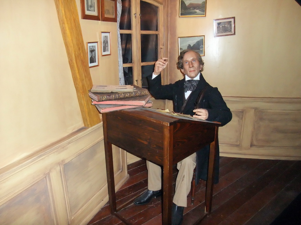 Wax statue of Hans Christian Andersen, inside the attraction `The Flying Trunk` at the Tivoli Gardens