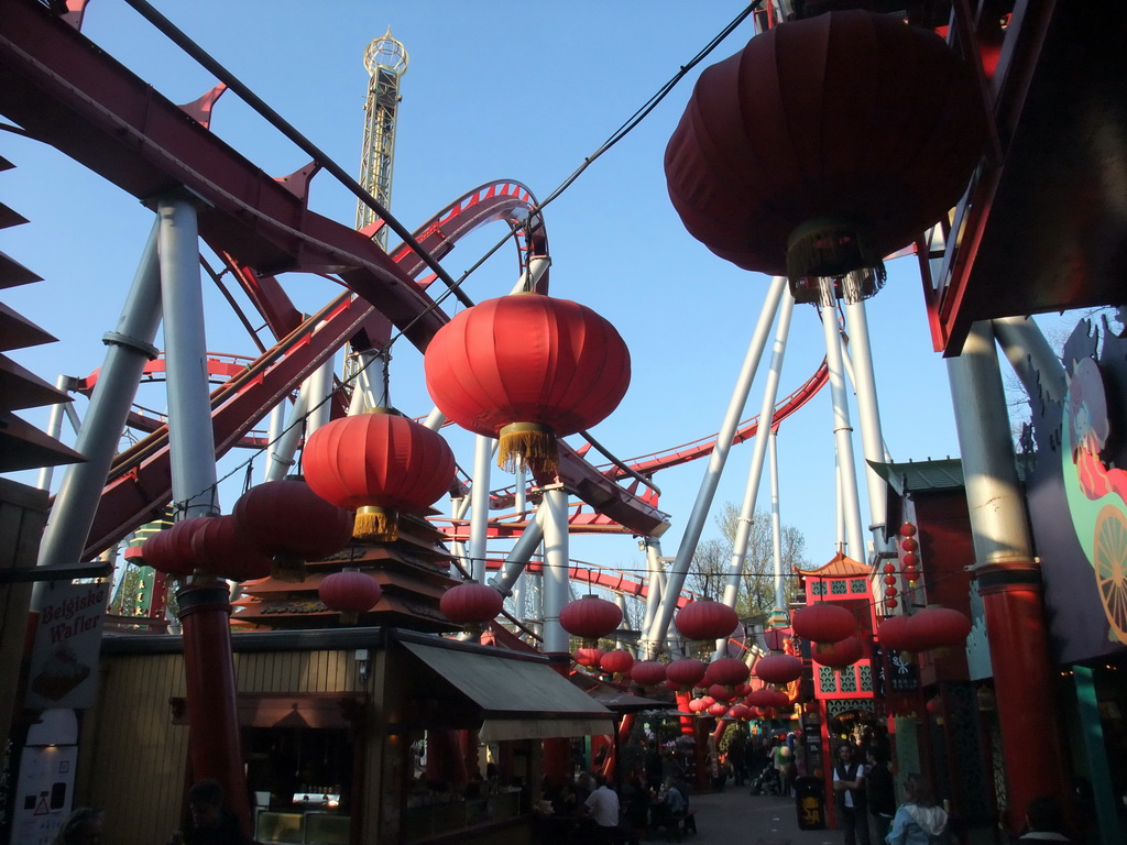 The street below the attraction `The Demon` at the Tivoli Gardens