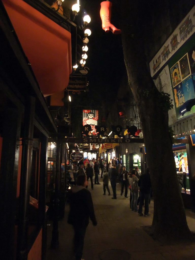 Street with small attractions and shops at the Tivoli Gardens, by night
