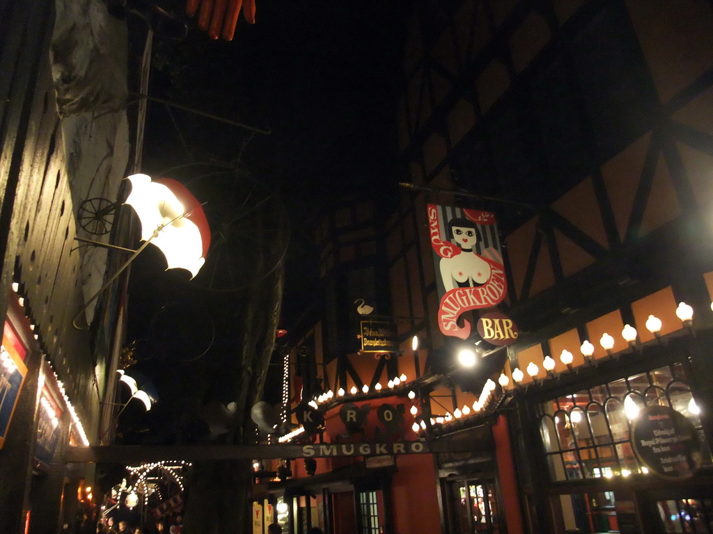 Street with small attractions and shops at the Tivoli Gardens, by night