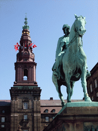 Christiansborg Palace Tower and the equestrian statue of King Christian IX at the Riding Ground Complex