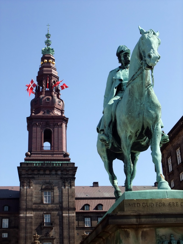 Christiansborg Palace Tower and the equestrian statue of King Christian IX at the Riding Ground Complex