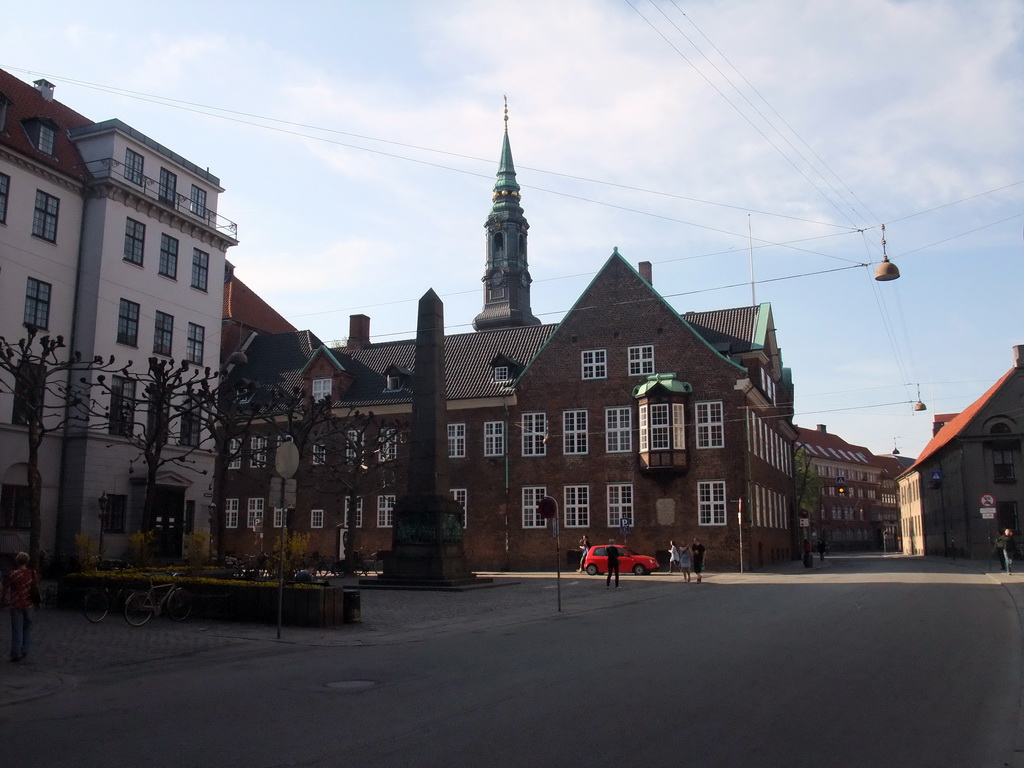 Bispetorvet square with the Reformation monument and the Tower of St. Peter`s Church (St. Petri Kirke)