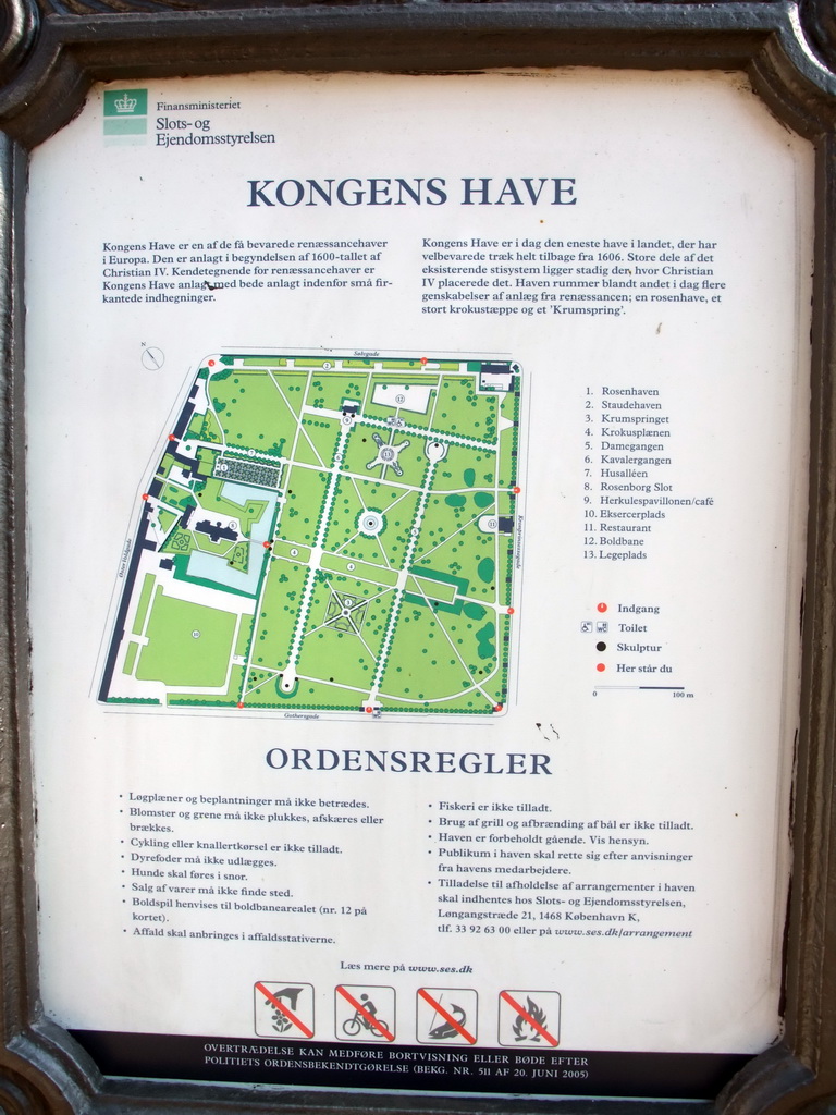 Map and explanation on the Rosenborg Castle Gardens (Kongens Have)