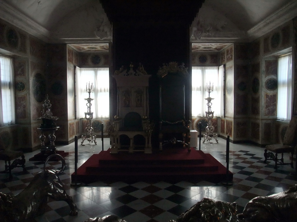 The King`s and Queen`s Thrones in the Long Hall at the second floor of Rosenborg Castle