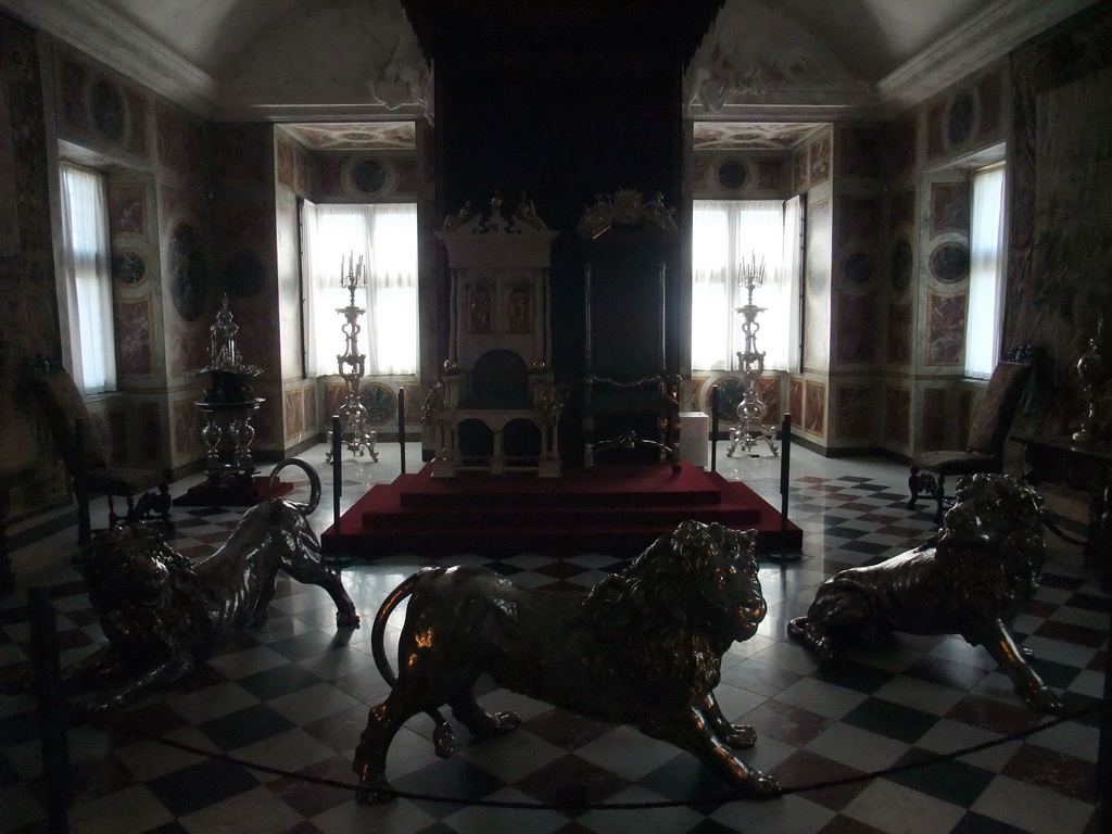 The King`s and Queen`s Thrones and the Three Lions in the Long Hall at the second floor of Rosenborg Castle