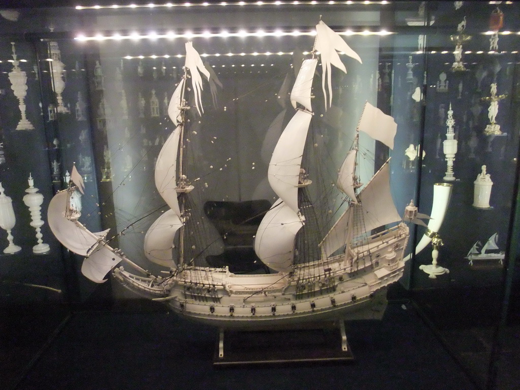 Model in ivory of the frigate `Norwegian Lion` in the Ivory and Amber Room at the basement of Rosenborg Castle