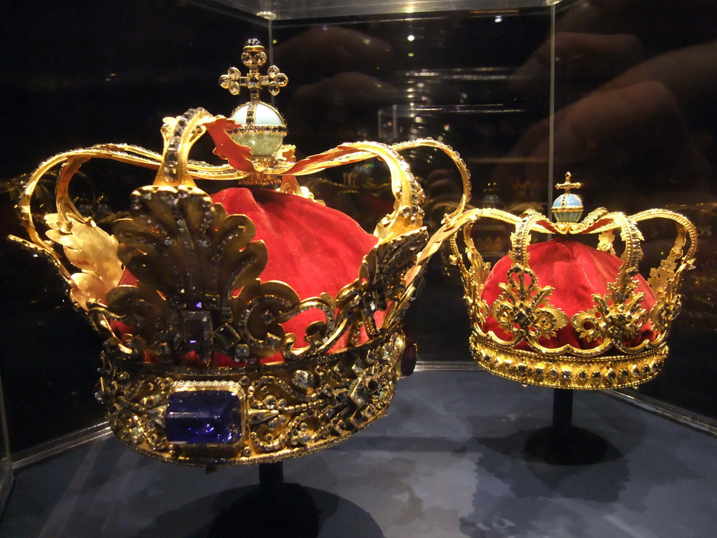 Christian V`s Crown and the Queen`s Crown in the Treasury at the basement of Rosenborg Castle