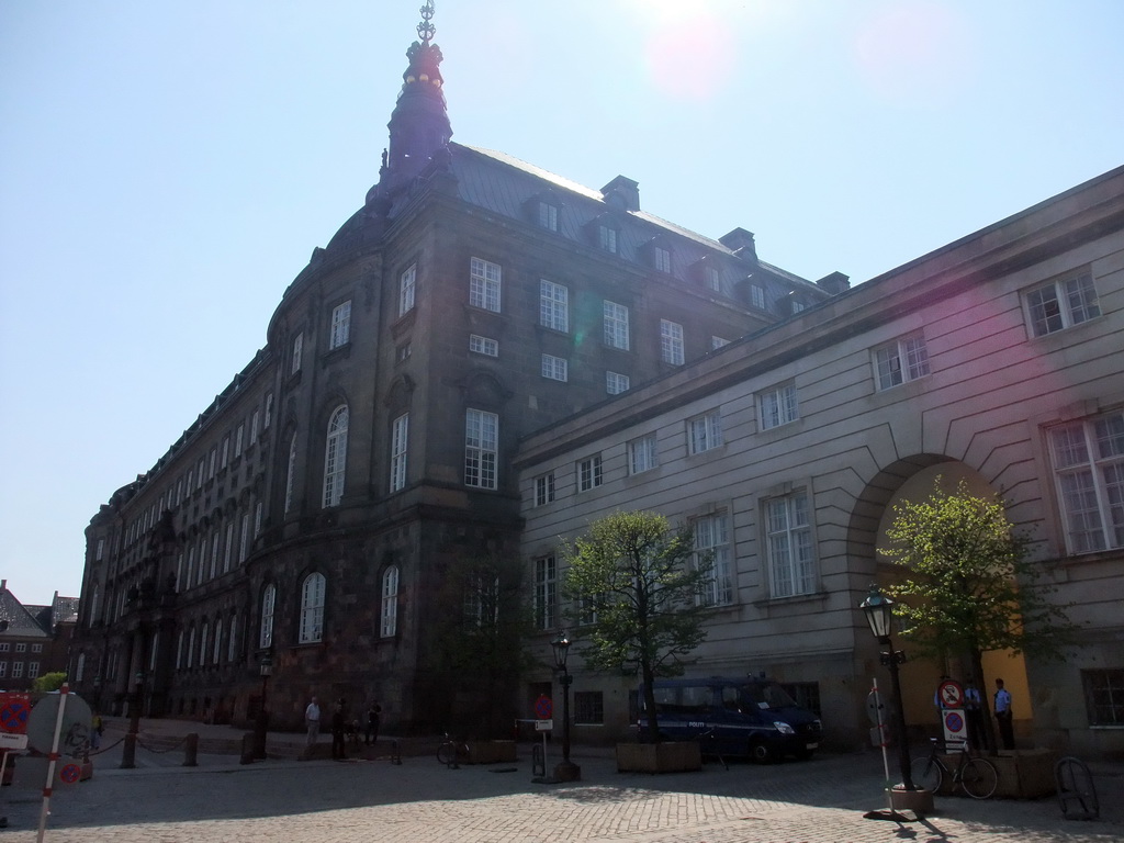 The front of Christiansborg Palace and the gate to Prins Jørgens Gård street