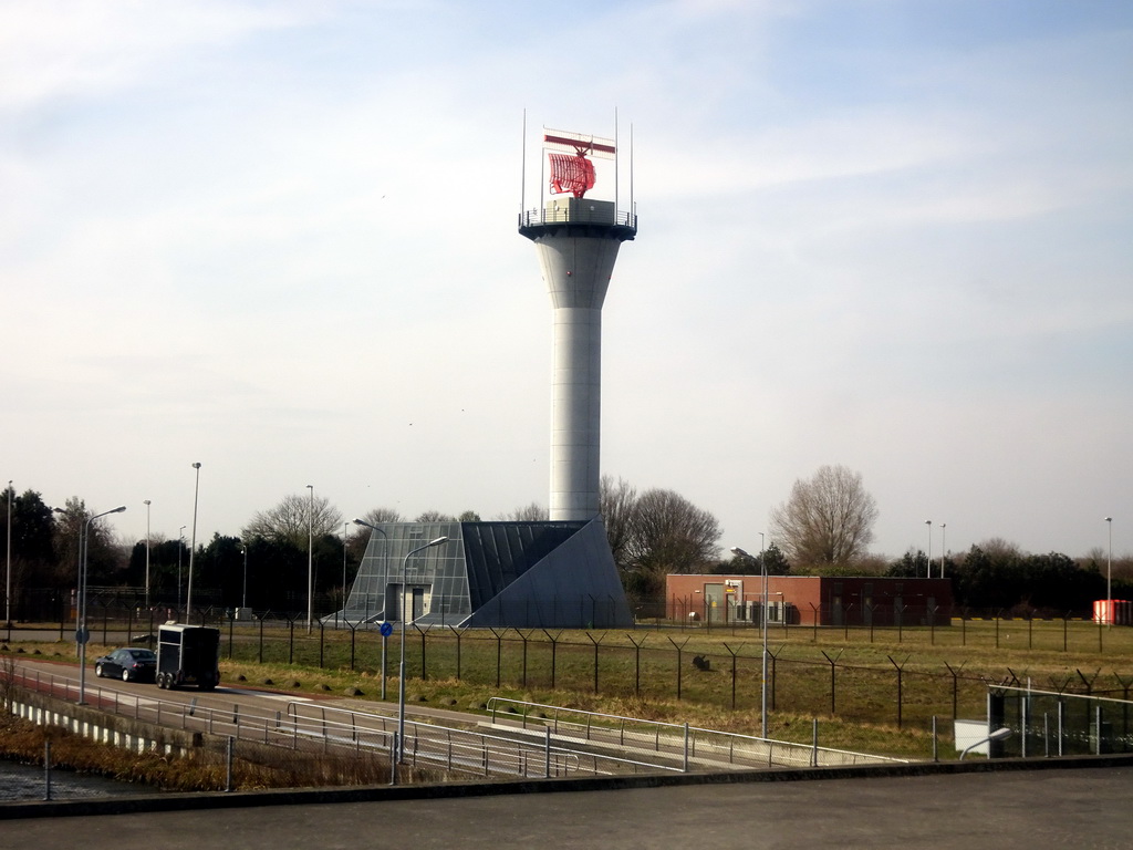 Radar tower at the Vijfhuizerweg street, viewed from the airplane leaving Schiphol Airport