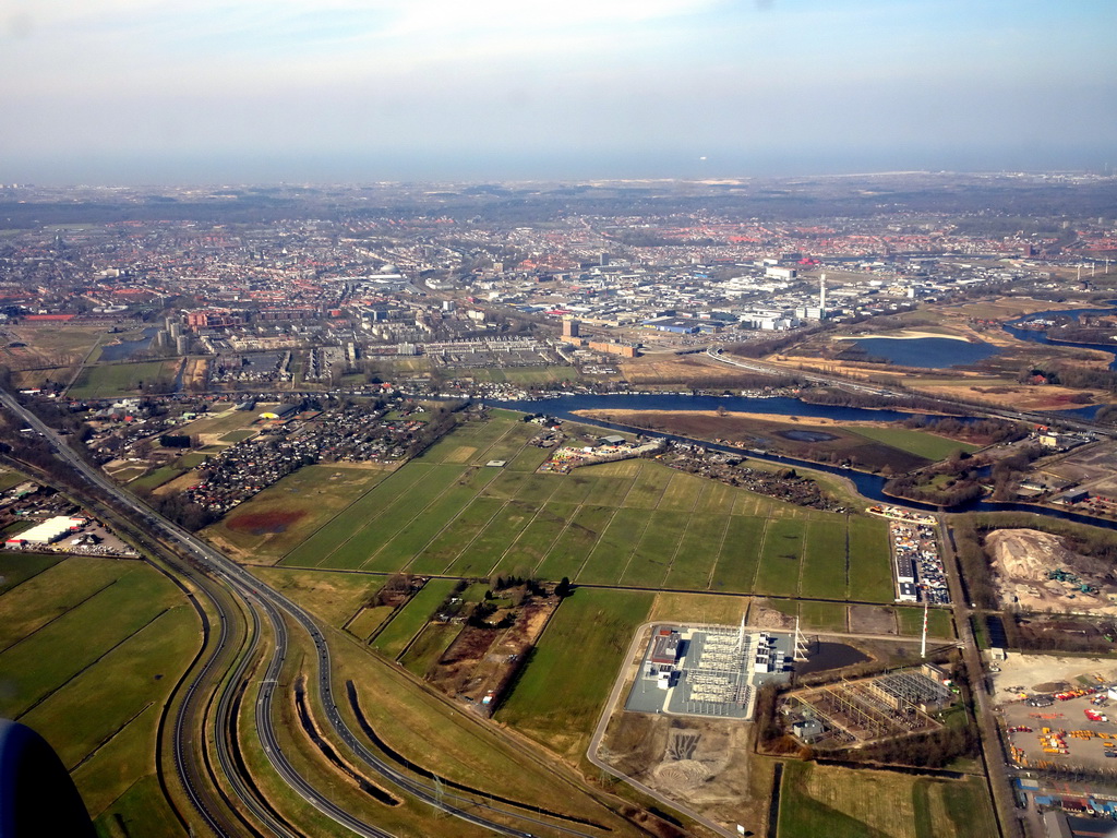 The city of Haarlem and the Mooie Nel lake, viewed from the airplane from Amsterdam