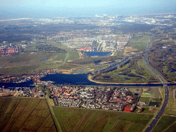 The IJ river, the town of Velserbroek and the city of IJmuiden, viewed from the airplane from Amsterdam