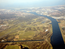 The Noordzeekanaal canal and the city of IJmuiden, viewed from the airplane from Amsterdam