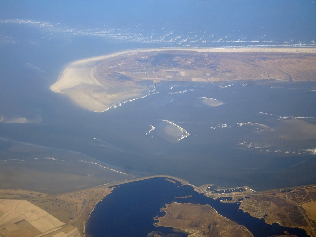 The town of Lauwersoog, the island of Schiermonnikoog and the Wadden Sea, viewed from the airplane from Amsterdam