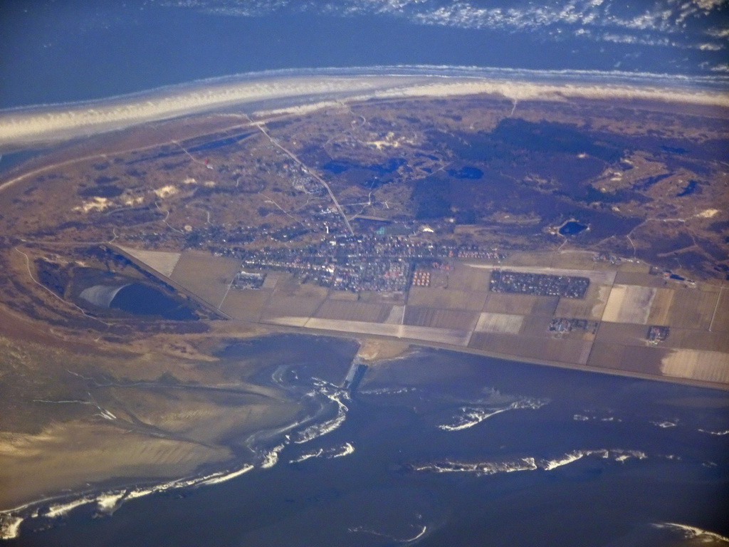 The town of Schiermonnikoog on the island of Schiermonnikoog, and the Wadden Sea, viewed from the airplane from Amsterdam