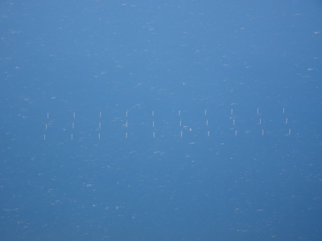 Windmills in the North Sea near the island of Schiermonnikoog, viewed from the airplane from Amsterdam