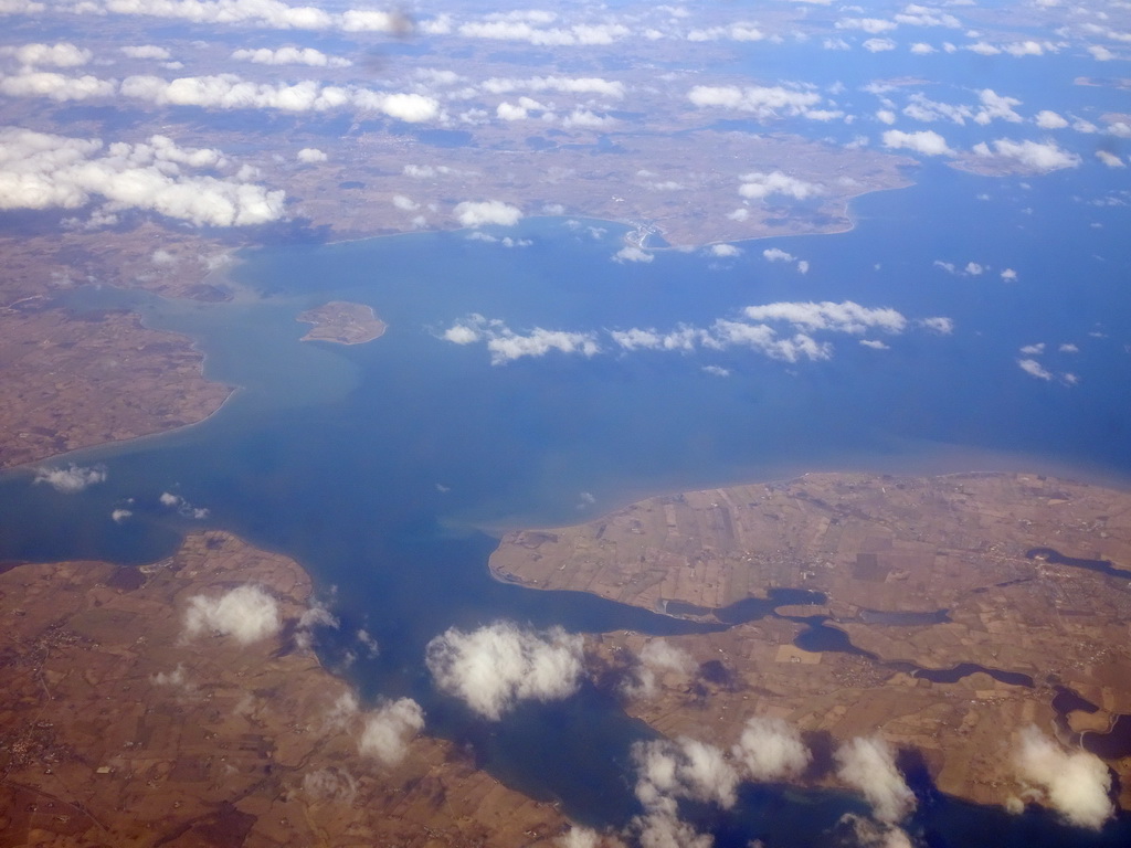 The Little Belt strait, the Aabenraa Fjord, the island of Barsø, the Als Fjord and the Als Island, viewed from the airplane from Amsterdam