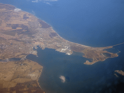 The city of Nyborg and the west side of the Great Belt Bridge over the Great Belt, viewed from the airplane from Amsterdam