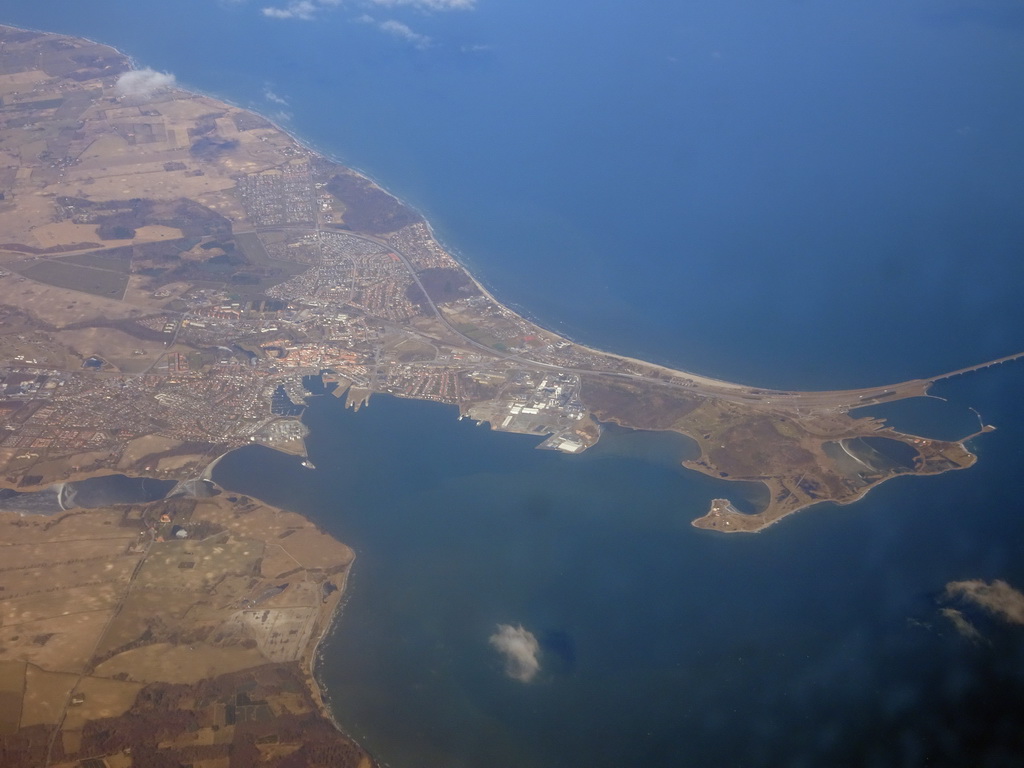 The city of Nyborg and the west side of the Great Belt Bridge over the Great Belt, viewed from the airplane from Amsterdam