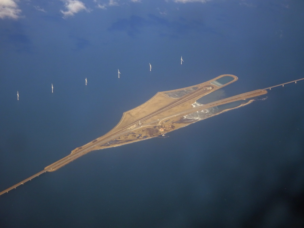 The island of Sprogø in the middle of the Great Belt Bridge over the Great Belt, viewed from the airplane from Amsterdam