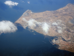 The town of Korsør and the east side of the Great Belt Bridge over the Great Belt, viewed from the airplane from Amsterdam