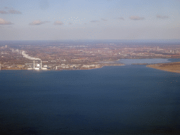 The southwest side of Copenhagen with the Brøndby Strand neighbourhood, the Avedøre Power Station and the Svenskeholm area, viewed from the airplane from Amsterdam