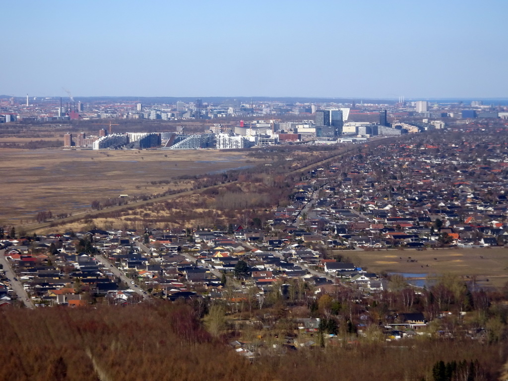 The southeast side of Copenhagen with the Ørestad neighbourhood with the AC Hotel Bella Sky Copenhagen, viewed from the airplane from Amsterdam