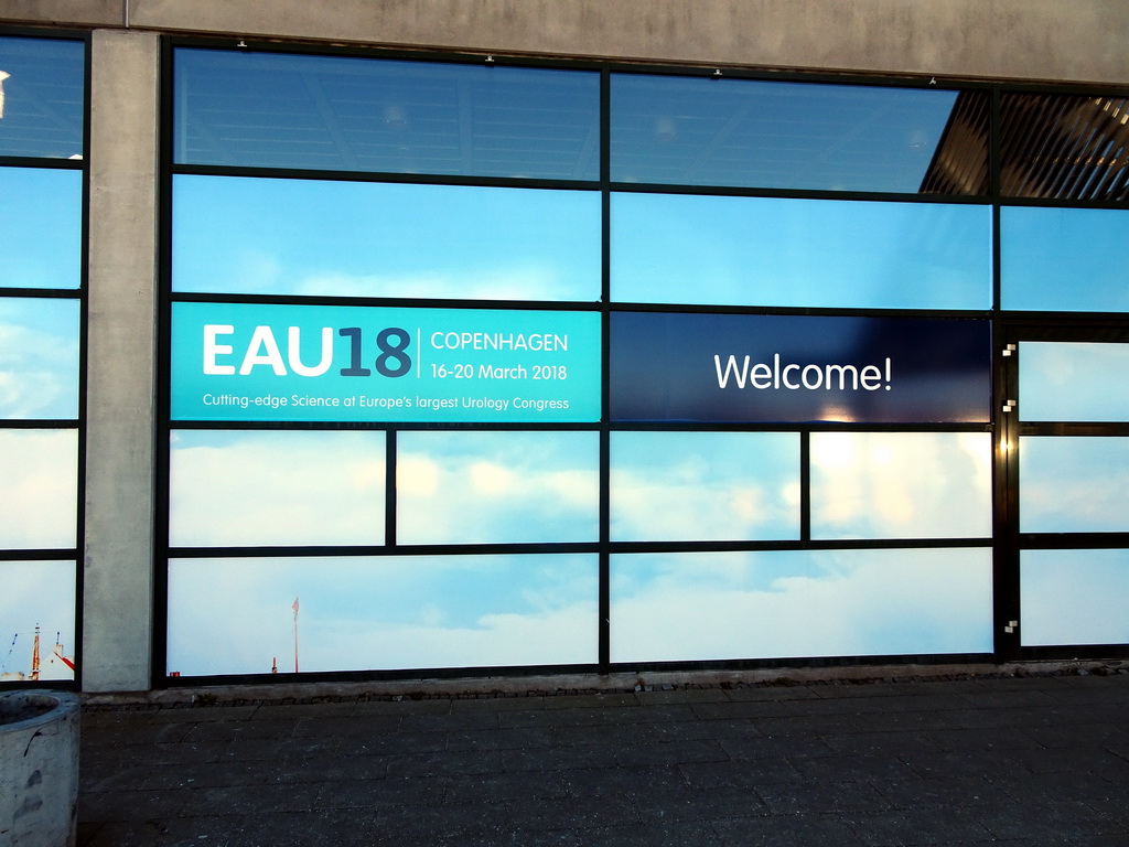 Signs for the EAU18 conference at the northeast entrance to the Bella Center at the Ørestads Boulevard