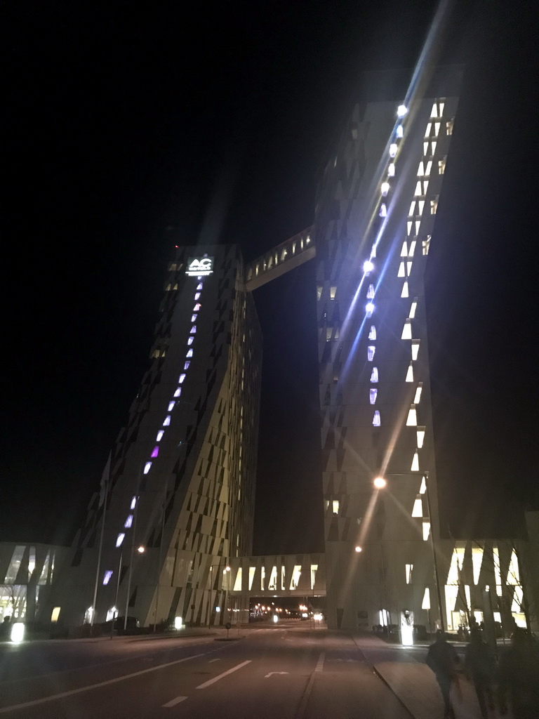 Front of the AC Hotel Bella Sky Copenhagen at the Ørestads Boulevard, by night