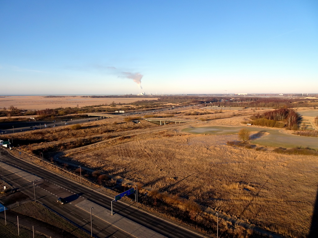 The Svenskeholm area and the Avedøre Power Station, viewed from the window of Tim`s room at the Cabinn Metro Hotel