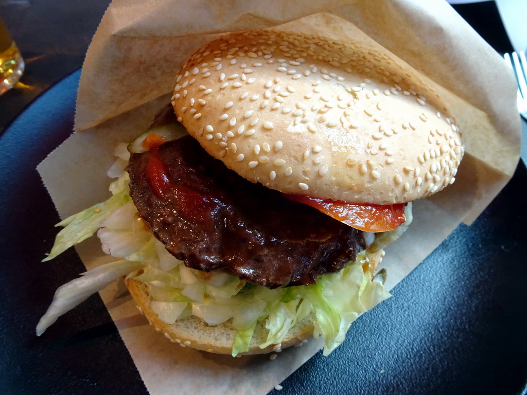 Big Dane hamburger at the Foodmarket restaurant at Copenhagen Central Station