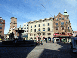 The Gammeltorv square with the Caritas Well and the tower of the Copenhagen Cathedral