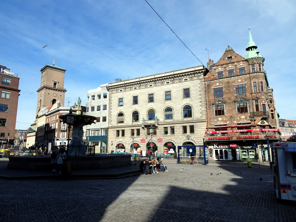 The Gammeltorv square with the Caritas Well and the tower of the Copenhagen Cathedral