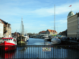 East side of the Nyhavn harbour  and the Inderhavn harbour with the Inderhavnsbroen bridge, viewed from the Nyhavnsbroen bridge